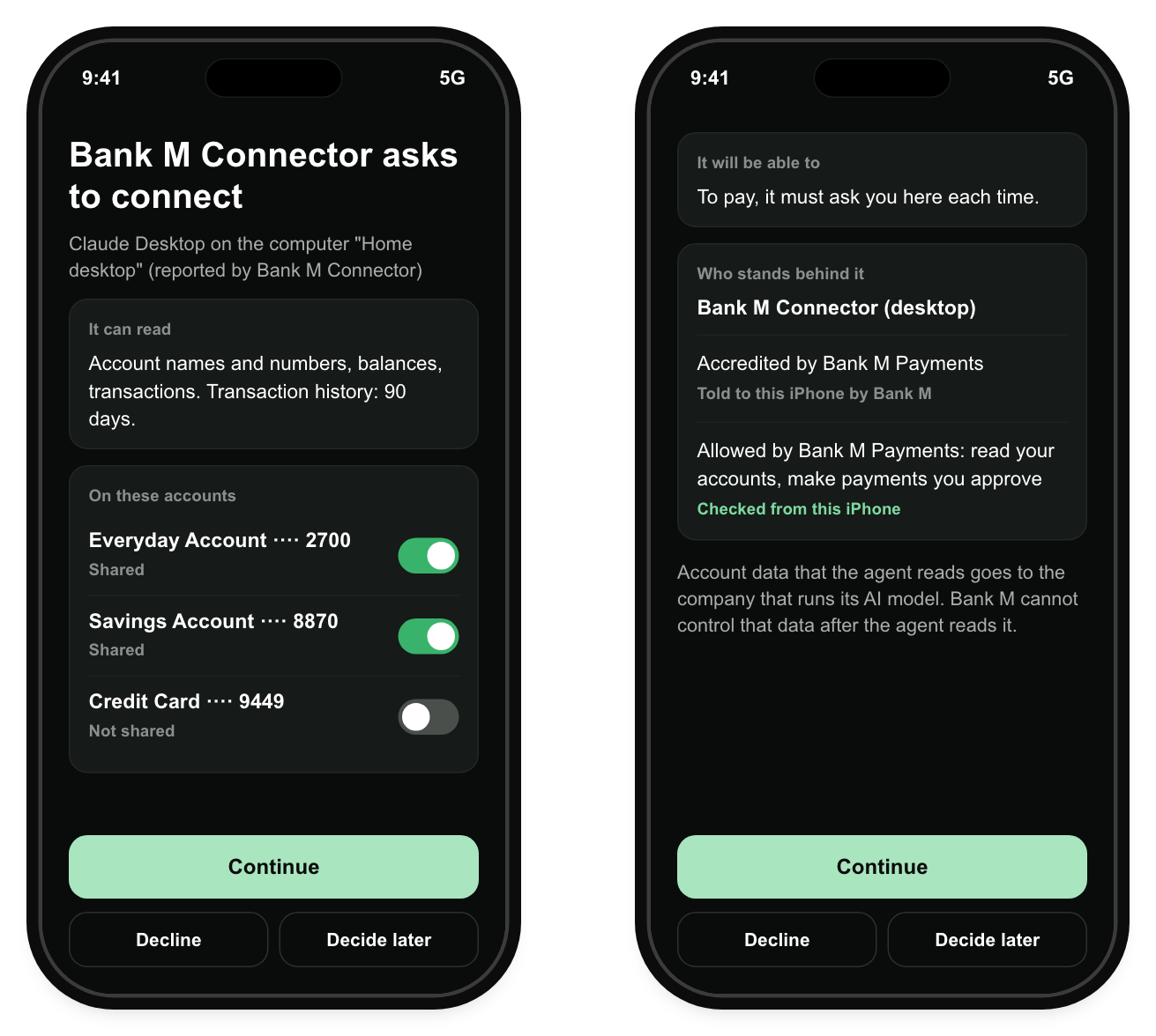 Phone screens: account toggles with the credit card left off, and who stands behind the connector