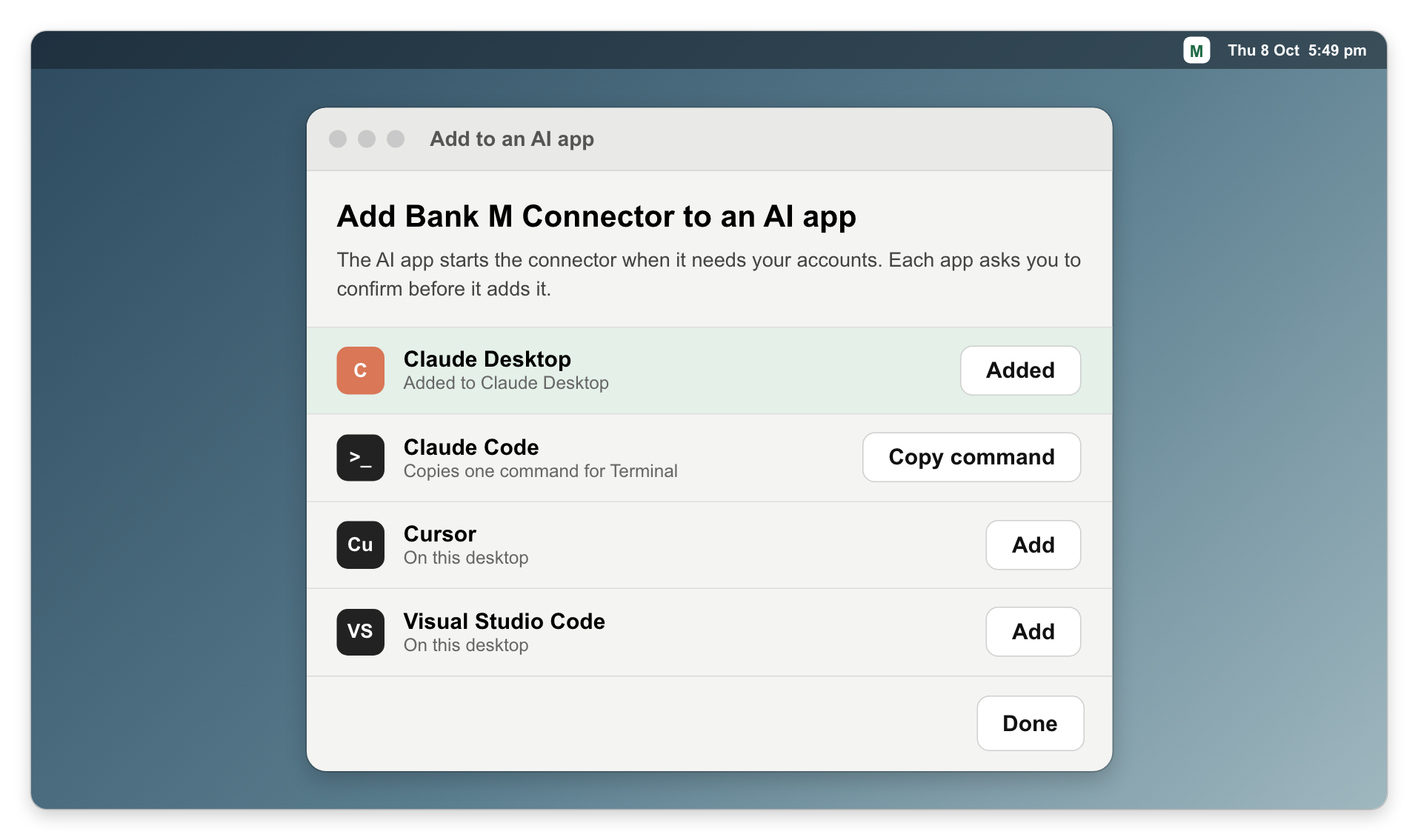 Desktop window: Add Bank M Connector to an AI app, with Claude Desktop added