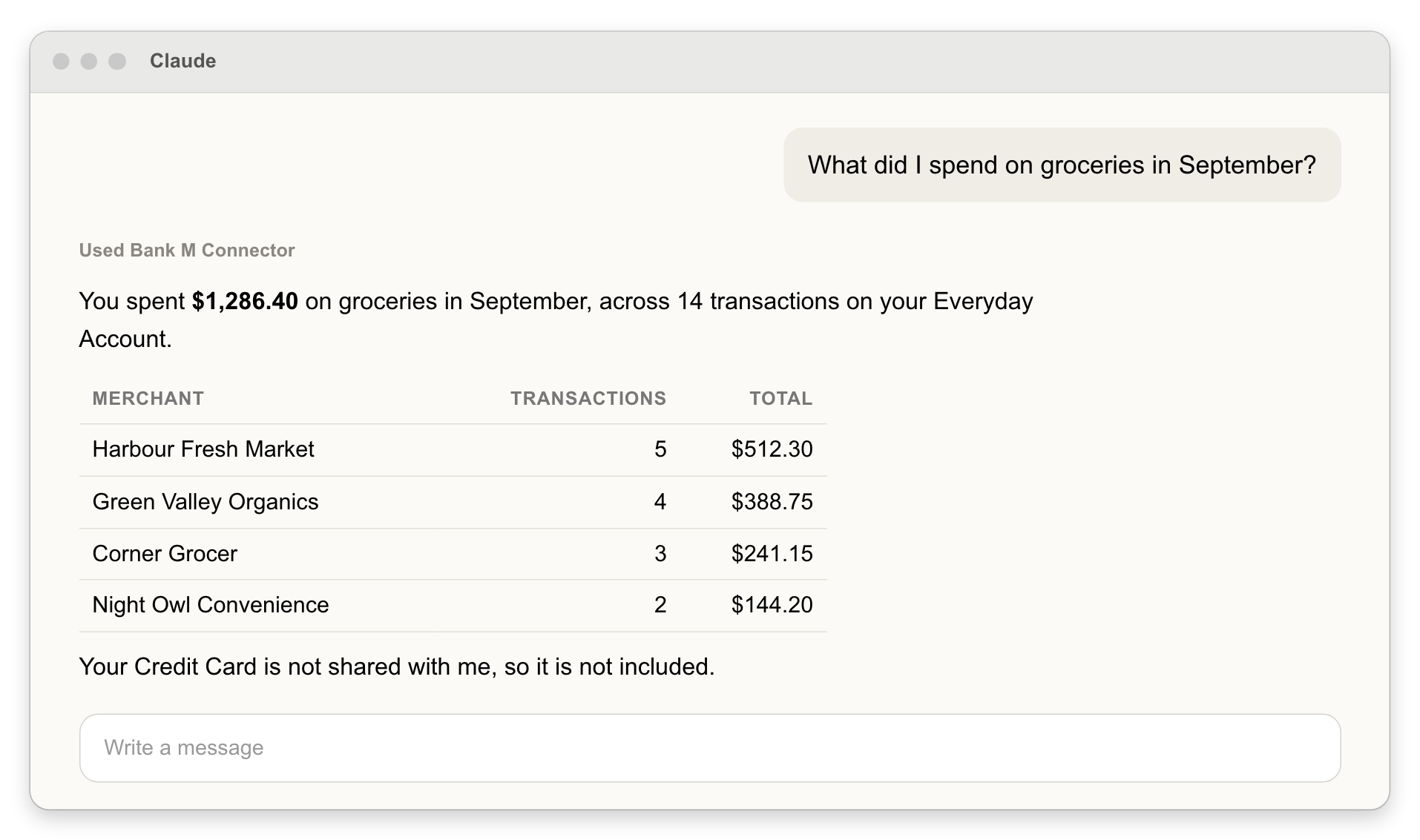 Claude Desktop answers a grocery spending question using the Bank M Connector