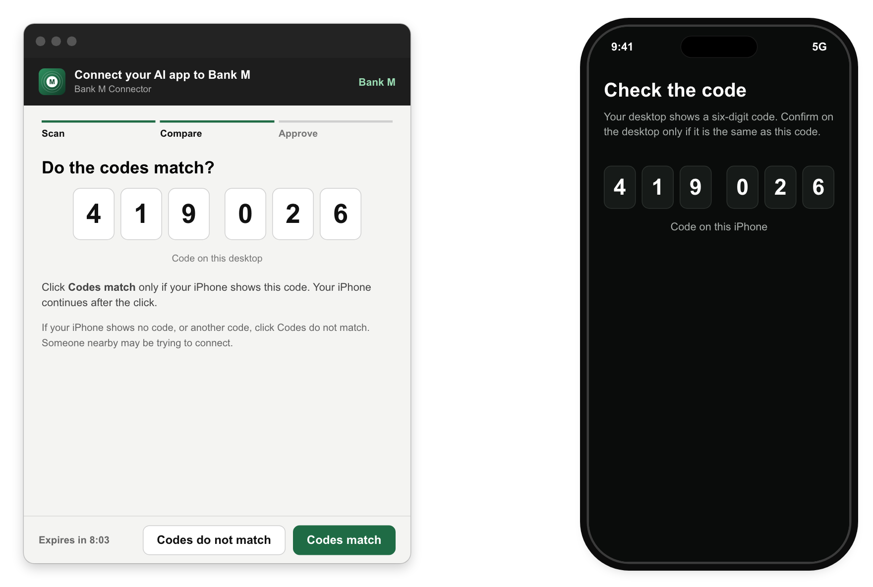 Desktop and phone both show the code 419026