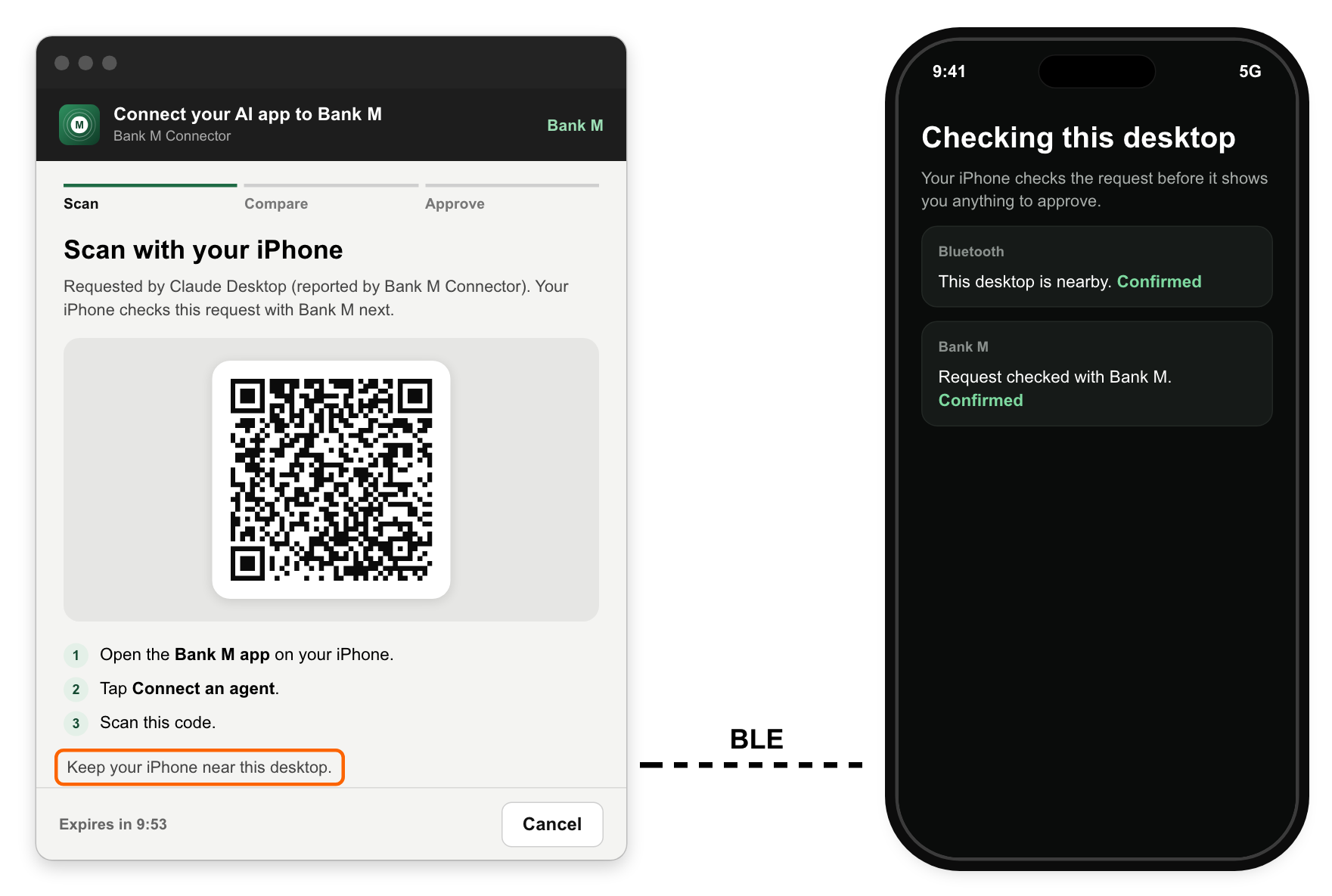 Desktop shows a QR code; the phone confirms the desktop is nearby over Bluetooth