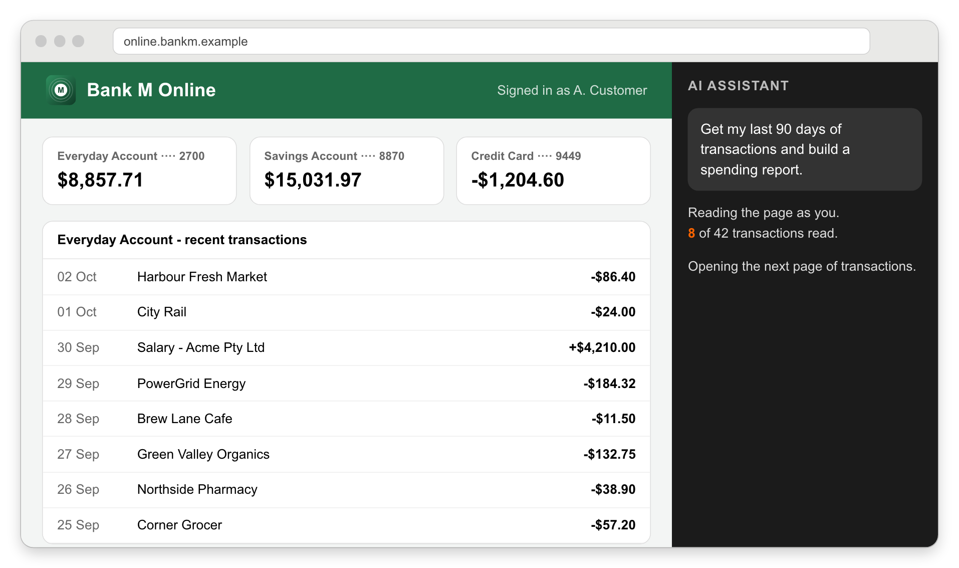 An AI reads the screen of a signed-in internet banking session